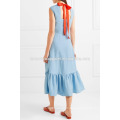 Hot Sale Blue Sleeveless Ties Ruffled Hem Midi Summer Daily Dress Manufacture Wholesale Fashion Women Apparel (TA0002D)